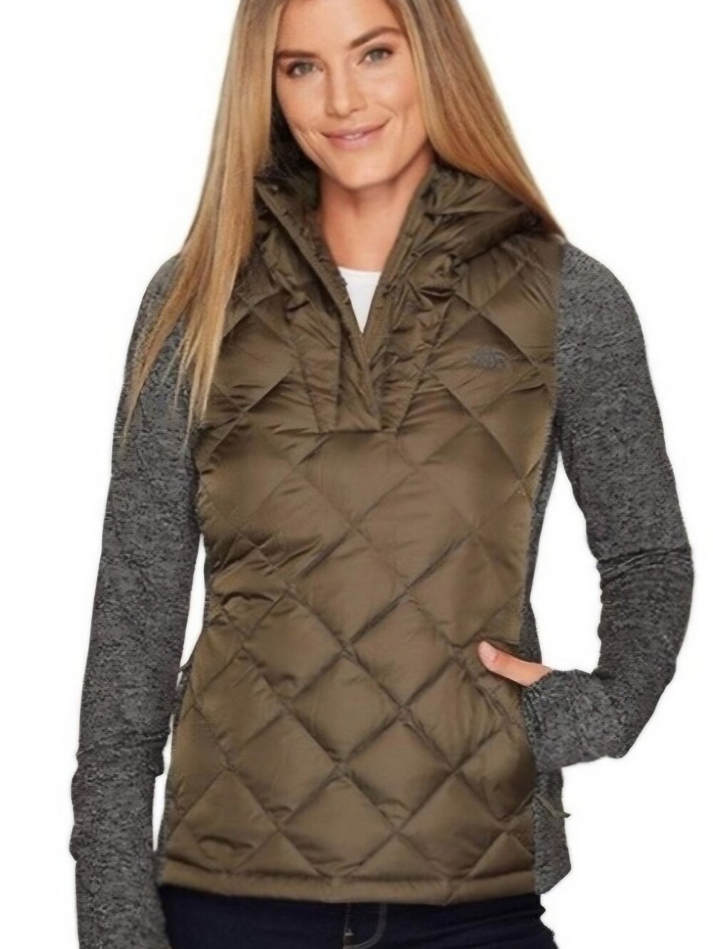 The North Face Harway Hybrid 550 Down Pullover Camping Hoodie Green Gray, Size S